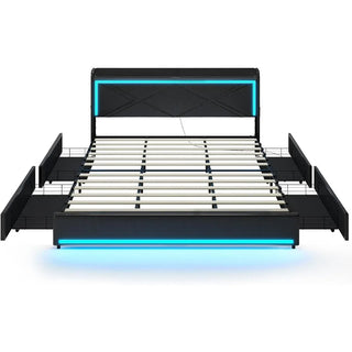 King Bed Frame with Storage Drawers and LED Lights, Pu Leather Platform Bed King Size with Headboard Storage, Type-C & USB C