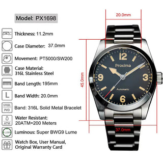 Proxima PX1698 Automatic Men's Watch 37mm Vintage Sport Mechanical Wristwatch Sapphire PT5000 SW200 Black Dial 20Bar BGW-9 Lume
