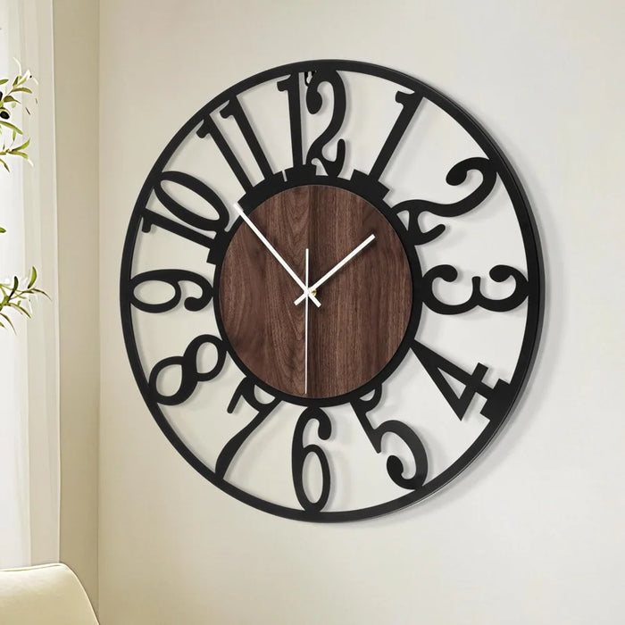 Large Wall Clock, Antique Silent Non Ticking Black Metal Wood Clocks for Living Room, Bedroom, Battery Operated Wall Clock Decor