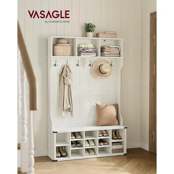 White Hall Tree with Bench and Shoe Storage, Coat Rack with Shoe Bench, 16 Open Compartments & Adjustable Shelf