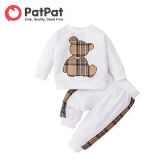 PatPat 2pcs Baby Boy/Girl Long-sleeve Plaid Print Bear Embroidered Sweatshirt and Sweatpants Set