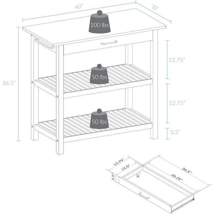 Natural&White Kitchen and Home Furniture Natural/White Cart Wagon Solid Hardwood Top Trolley Folding Shelf Storage