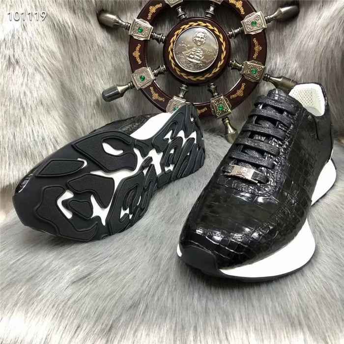 Authentic Exotic Crocodile Skin Men's Casual Black Flats Shoes Genuine Real True Alligator Leather Male Lace-up Outdoor Sneakers