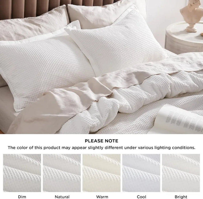 100% Cotton Waffle Weave Coconut White Duvet Cover Queen Size, Soft and Breathable Queen Duvet Cover Set