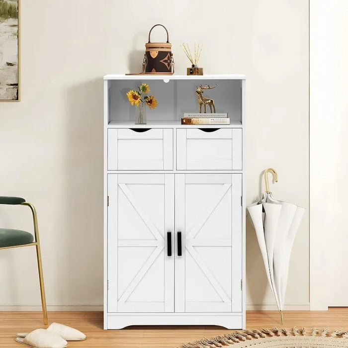 Floor Cabinet with 2 Doors & 2 Drawers, Storage Cabinet with Adjustable Shelf, Freestanding Wooden Storage Organizer