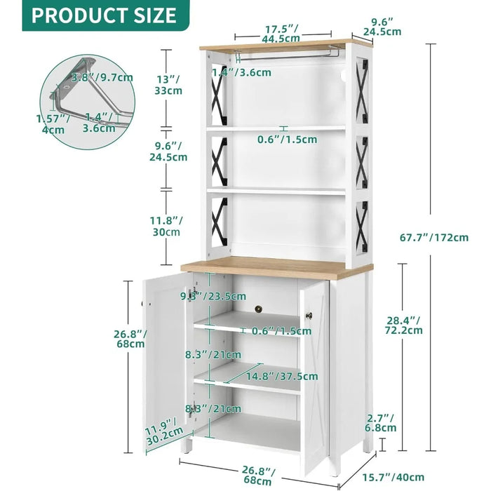 Dining Room Kitchen Cabinet with Wine Rack, Upper Glass Cabinet, Open Storage Shelves for Living Room, Hallway, White