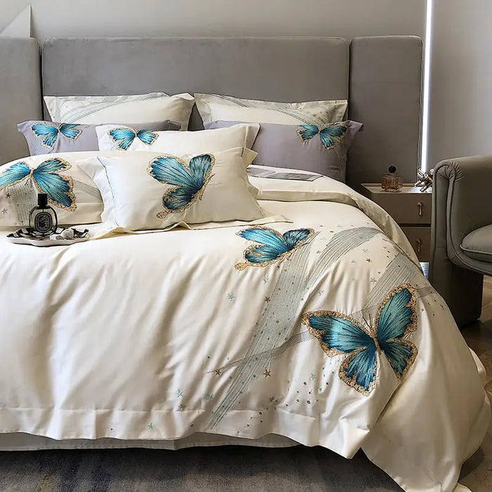 Blue Butterfly Embroidery Bedding Set Luxury White 1000TC Egyptian Cotton Super Soft Duvet Cover Bed Sheet Linen Pillowcases