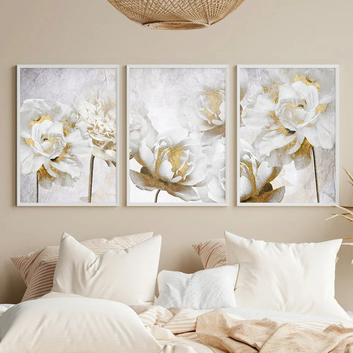 Abstract Gold White Blooming Floral Wall Art Posters Canvas Painting Prints Pictures Modern Living Room Interior Home Decor