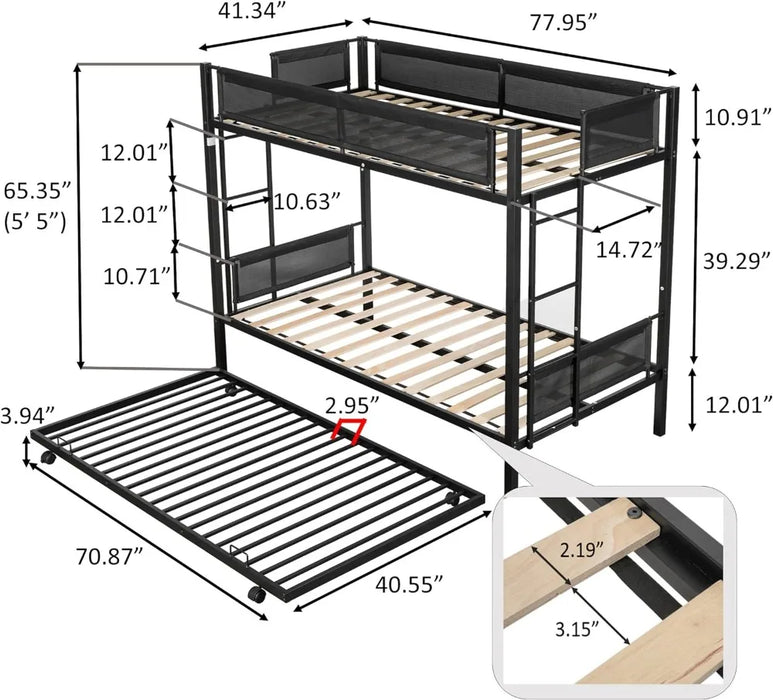 Twin Over Twin Metal Bunk Bed with Trundle, Twin Size Triple Bunk Beds Frame with 2 Side Ladders 3 Kids/Adults, Noise-Free Wood