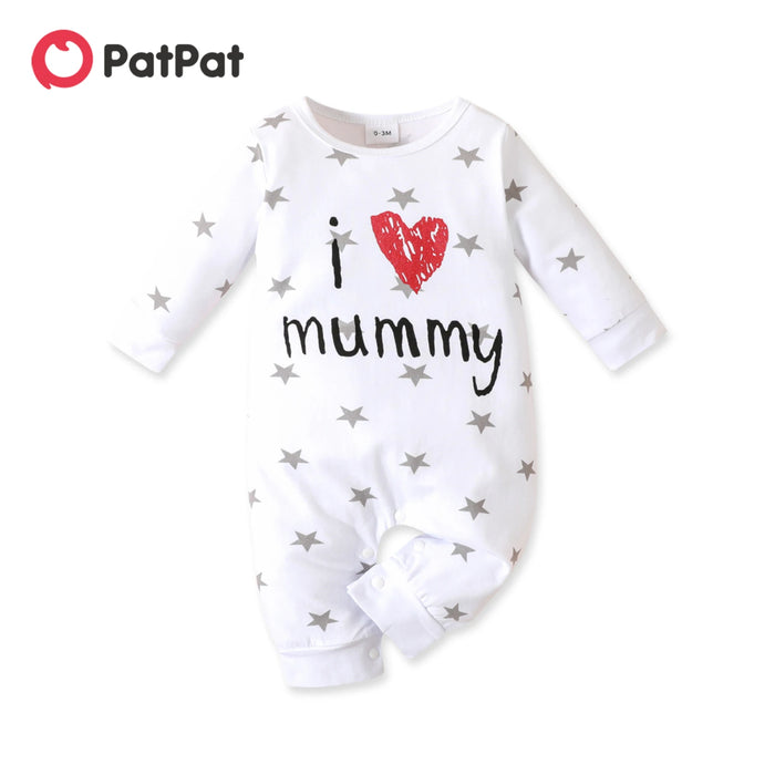 PatPat Baby Boy/Girl 95% Cotton Long-sleeve Love Heart Letter Print Stars/Striped Jumpsuit High Quality