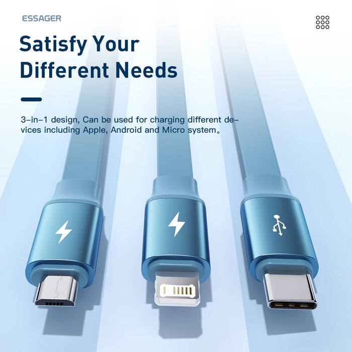 Essager 6A 66W 3 in 1 USB Cable Fast Charging For iPhone Micro USB Type C Fast Charge For Xiaomi Samsung Poco Retractable Cord