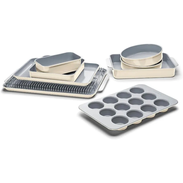 Caraway Nonstick Ceramic Bakeware Set (11 Pieces) - Baking Sheets, Assorted Baking Pans, Cooling Rack, & Storage- Cream