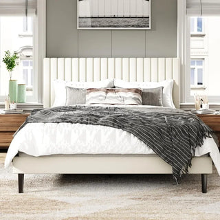 Bed Frame with Velvet Upholstered Headboard, Platform Bed with Sturdy Wooden Slats, Easy To Assemble, Queen Size Bed Frame