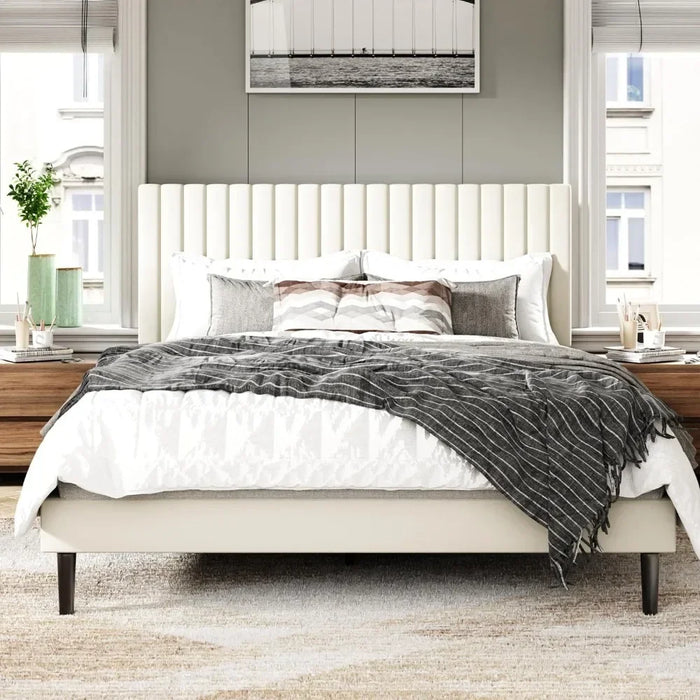 Bed Frame with Velvet Upholstered Headboard, Platform Bed with Sturdy Wooden Slats, Easy To Assemble, Queen Size Bed Frame