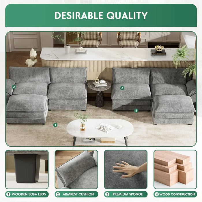 Sectional Modular Sofa U Shaped Chenille Fabric Couch with High Supportive & Soft Sponges and Removable Ottoman, Sleeper Comfy