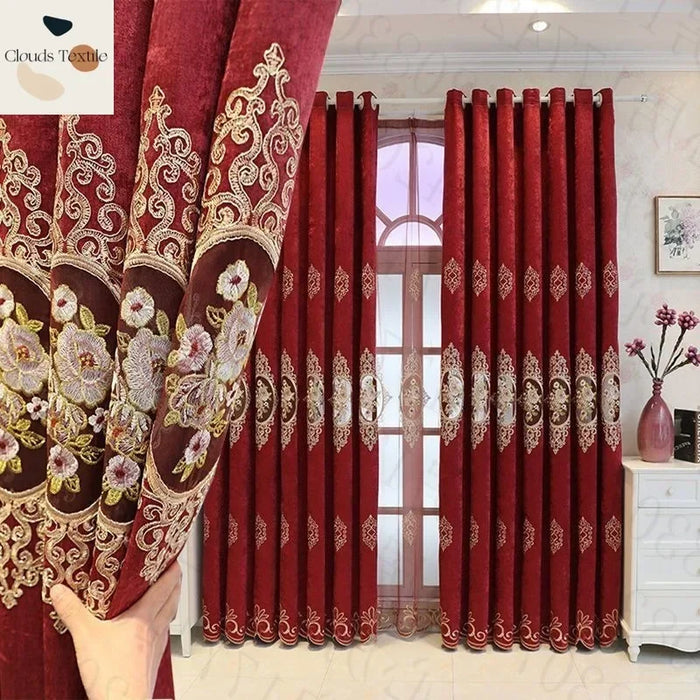 European Chenille Embroidered Red Curtains for Living Dining Room Bedroom Yarn Finished Balcony Floor To Ceiling Wedding Room