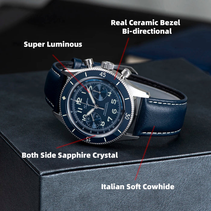 Sugess Watch 1963 Men Watches ST1901 Chronograph Luminous Mechanical Wristwatches Waterproof Crystal Sapphire Italian Leather