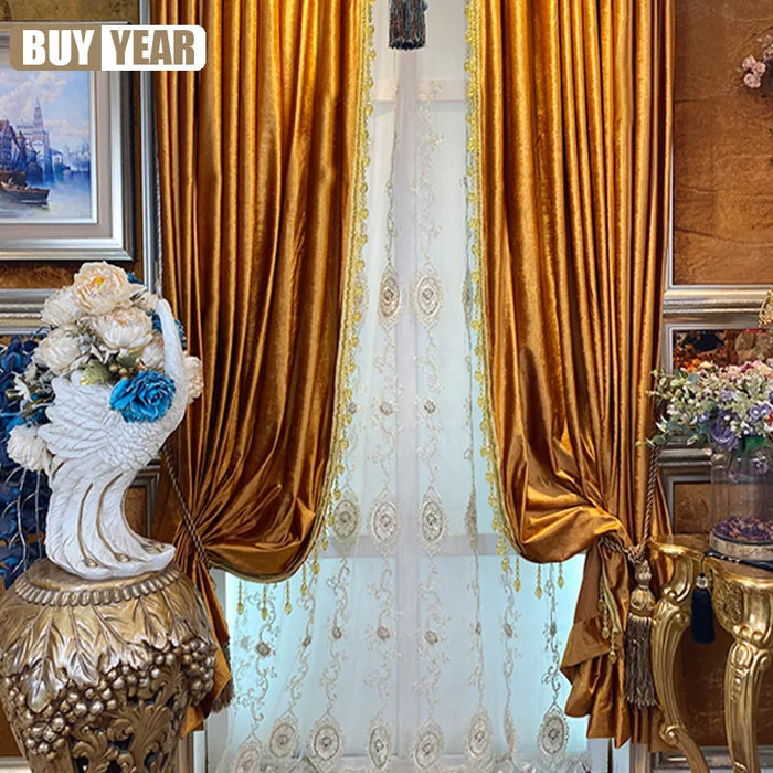 European style New Luxury Gold Velvet Blackout American Style High Grade Curtains for Living Dining room Bedroom Tulle Custom