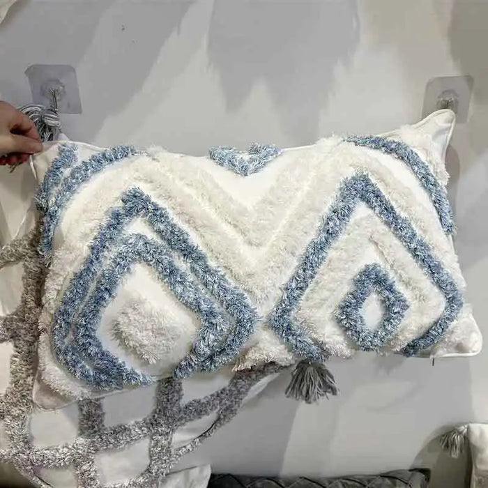 Blue and White Fringed Tufted Cushion Cover Geometric Diamond Tufted Embroidery Pillowcases for Pillows 45x45/30x50cm Pillowcase