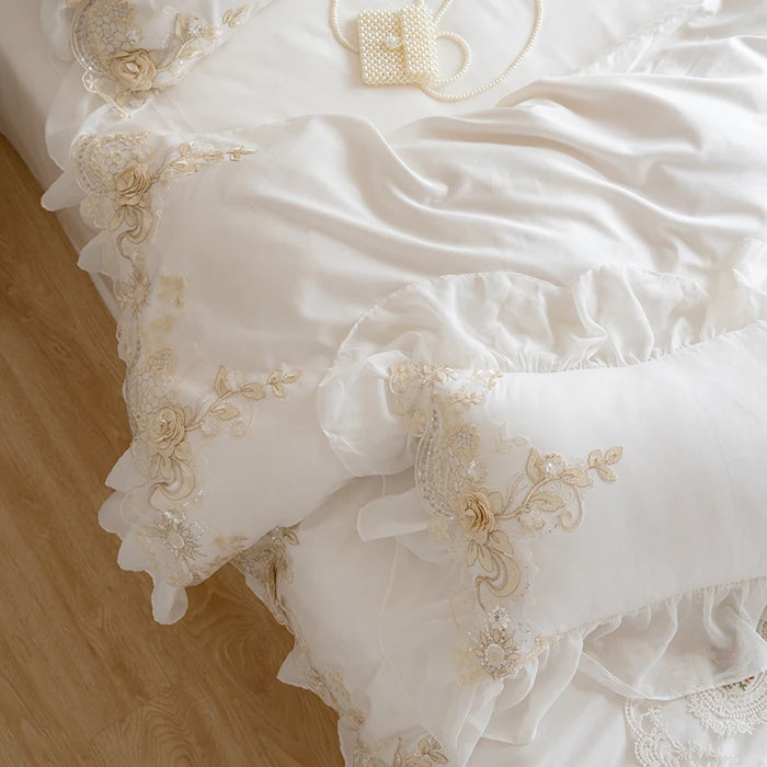 White Lace Embroidery Princess Bedding Set Luxury High End France Style Egyptian Cotton Duvet Cover Bed Sheet Pillowcases