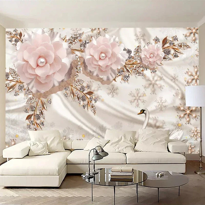 Custom Photo Wallpaper 3D Luxury European Style Swan Jewelry Flowers Living Room TV Background Wall Decor Mural Papel De Parede