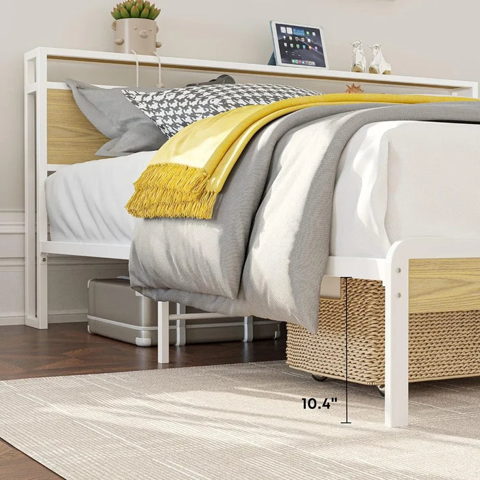 Bedroom furniture king bed frame, platform bed frame with 2 layers storage headboard, sturdy and stable, noiseless,white and log