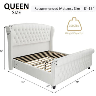 Queen Size Bed Frame, Chenille Upholstered Sleigh Bed with Scroll Wingback Headboard & Footboard/Button Tufted, Queen Bed Frame