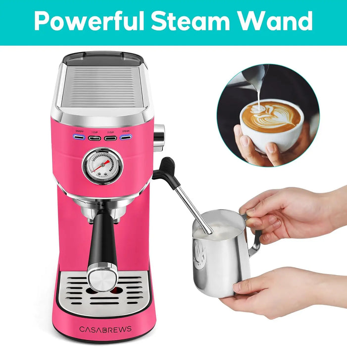 Espresso Maker with Milk Frother Steam Wand, Stainless Steel Cappuccino Machine for Home, Gift for Women Wife or Mom, Pink