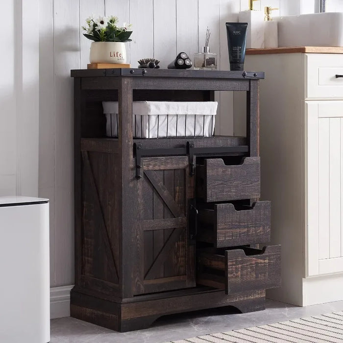 Bathroom Floor Cabinet, Farmhouse Storage Cabinet with Sliding Barn Door & Storage Drawers, Small Storage Cabinet for Bathroom