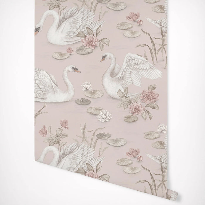 Romantic Lily Swan Wallpaper in delicate light pink, Children's Wallpaper with graceful swans in a lake with water lilies