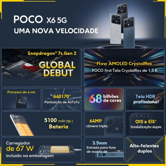 [Lançamento mundial] POCO X6 5G Snapdragon 7s Gen 2 120Hz Flow AMOLED Tela Smartphone Câmera Tripla de 64 MP com OIS NFC 67W