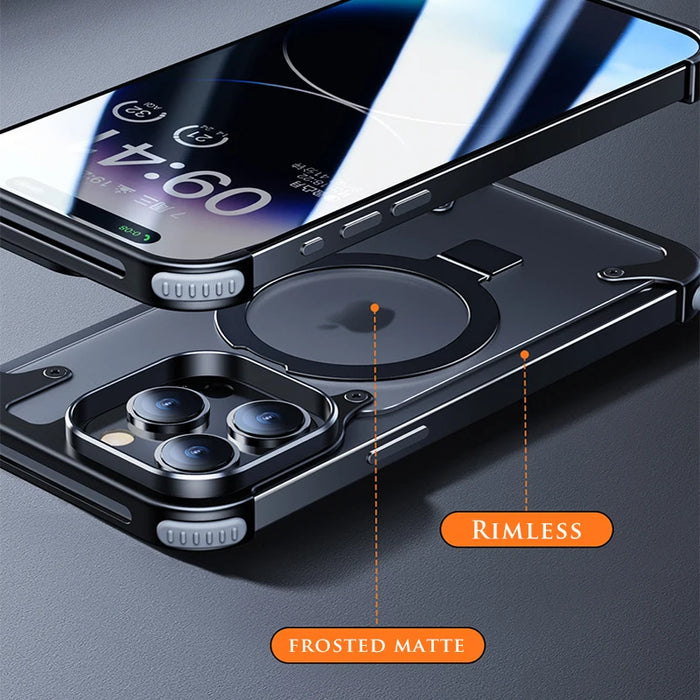 Aluminum Alloy Magnetic Stand Rimless Phone Case For iPhone 13 14 15 Pro Max 15Plus Metal Lens Shell  Frosted Matte Back Cover