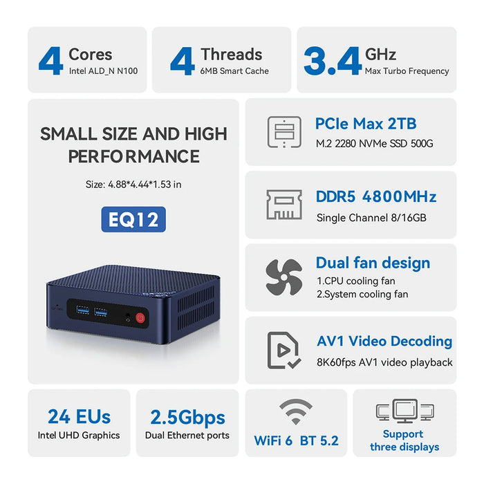 Beelink EQ12 Mini PC 12th Gen Intel Alder Lake N100 16GB DDR5 500GB SSD Wifi6 BT5.2 Dual 2.5Gbps LAN Desktop Computer