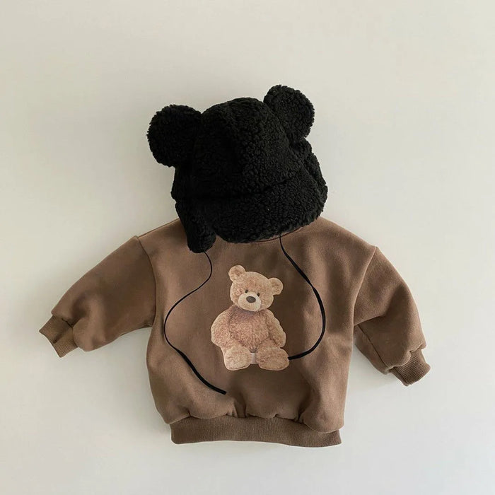 Baby Hoodies Cartoon Bear Tops Spring 2024 Korean Head Cute Embroidered Boys Sweatershirt Round Neck Girls Pullover Clothes