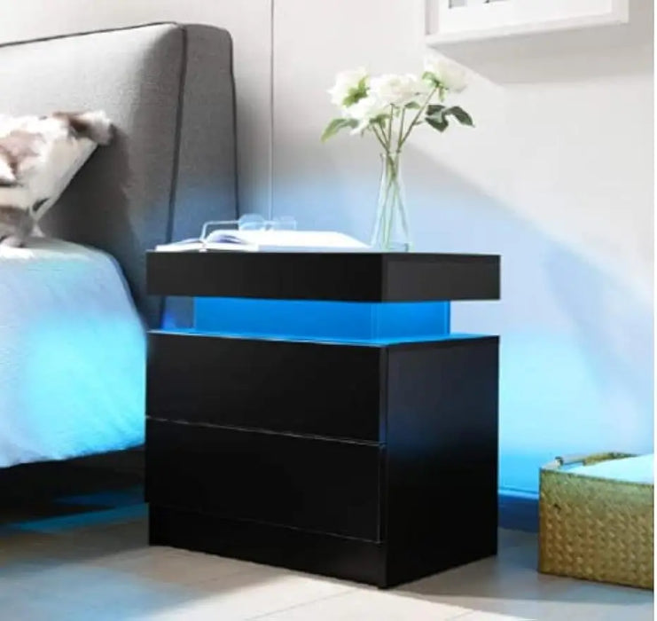 Bedside Table with 2 Drawers, LED Nightstand Wooden Cabinet Unit with Lights for Bedroom, Living Room, Black