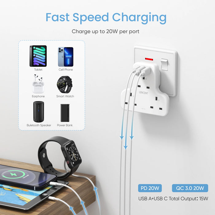 LENCENT Fast  Charger Wall Socket with 3AC Outlets  2 USB QC3.0  1 Type C PD20W 6-in-1 Outlet Plug Extender for Home/Office