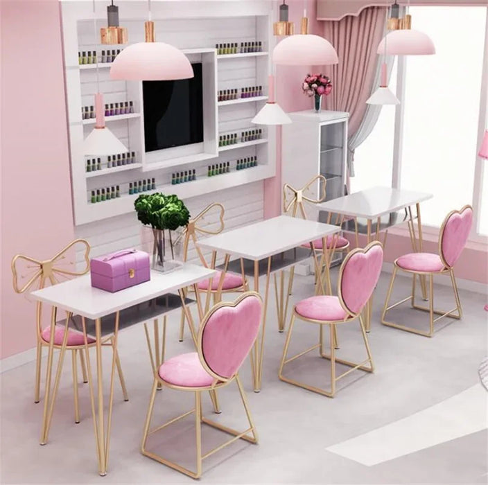 Nordic Double-layer Nail Table, Beauty Salon Golden Iron Solid Wood Manicure Table and Chair Set