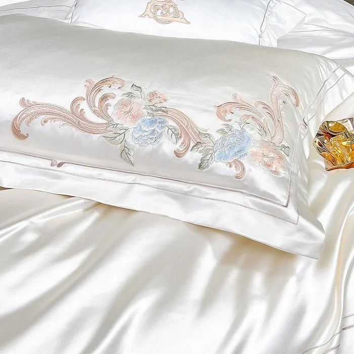 White Pink Luxury Bedding Set Satin Brocade 1000TC Egyptian Cotton Flowers Embroidery Silky Duvet Cover Bed Sheet Pillowcases