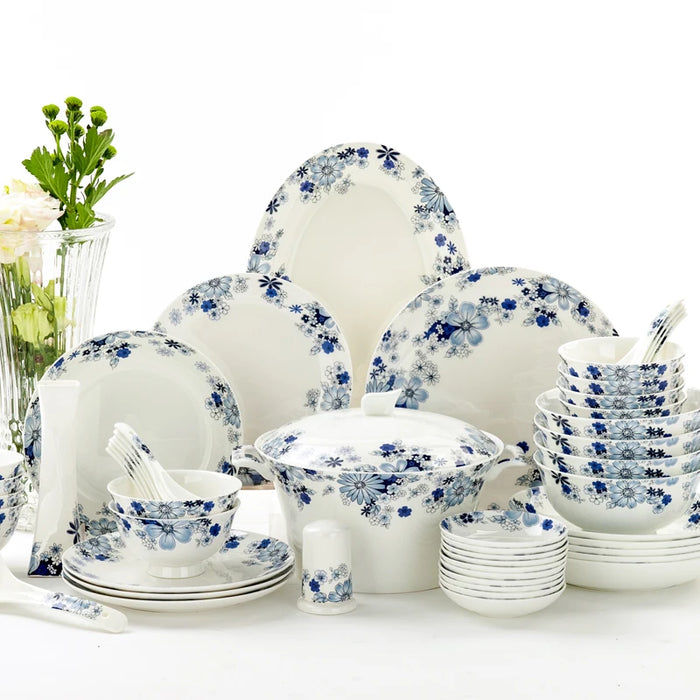 Tangshan Bone China 50 pieces of Chinese tableware deep plate disc flower set microwave oven ceramic creative dish plate