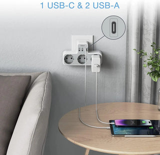 TESSAN EU Wall Socket Extender Adapter with 3 AC Outlets 2 USB Ports and 1 Type C, 6 in 1 Multiple Plug Power Strip for Home