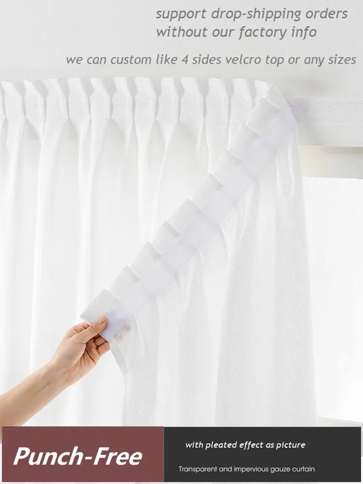 Punch-Free Semi Sheer Short Curtain Self-Adhesive Weave Textured Privacy Translucent Drapes for Door Kitchen Cabinet Soft Fbaric