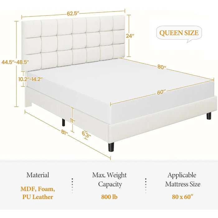 Queen Upholstered Bed Frame Platform Bed Frame with Square Tufted Fabric Headboard Height Adjustable, Wooden Slats Support Beige