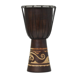 Eclectic Handmade Djembe Wood Drum Sculpture, 9"W x 16"H Features Ornate/Cow Leather Top Details and Polished Brown Finish