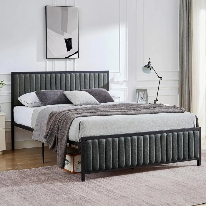 Queen Size Bed Frame, Upholstered Tufted Headboard and Footboard, Heavy Duty Steel Slatted Platform, No Box Spring Required