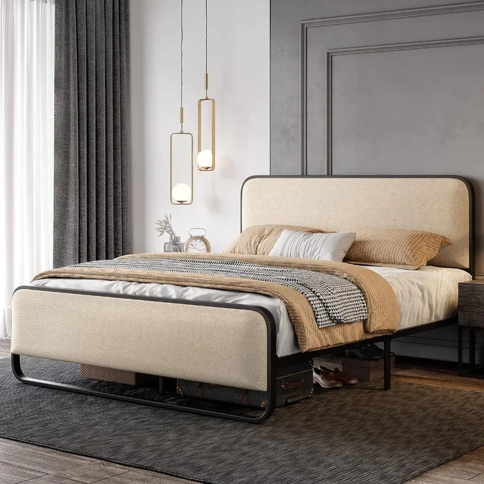 Queen platform metal bed frame, Curved upholstered headboard and footboard, Large under bed storage space, Beige