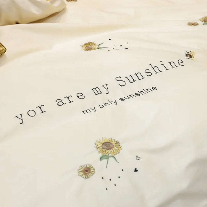 Yellow Sunflower Embroidered 60S Cotton White Luxury Bedding Sets DuvetCover Bed Sheets Bedding Queen Size King Comforter Sets