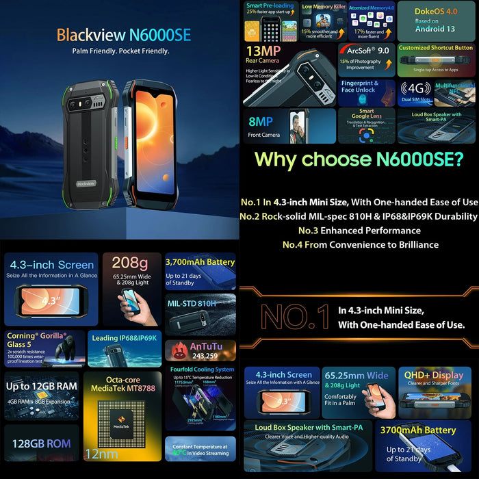 Blackview N6000SE Rugged Smartphone 4.3'' Display MTK Octa Core 4GB 128GB 13MP Camera 3700mAh Android 13 Mobile Phone NFC 4G