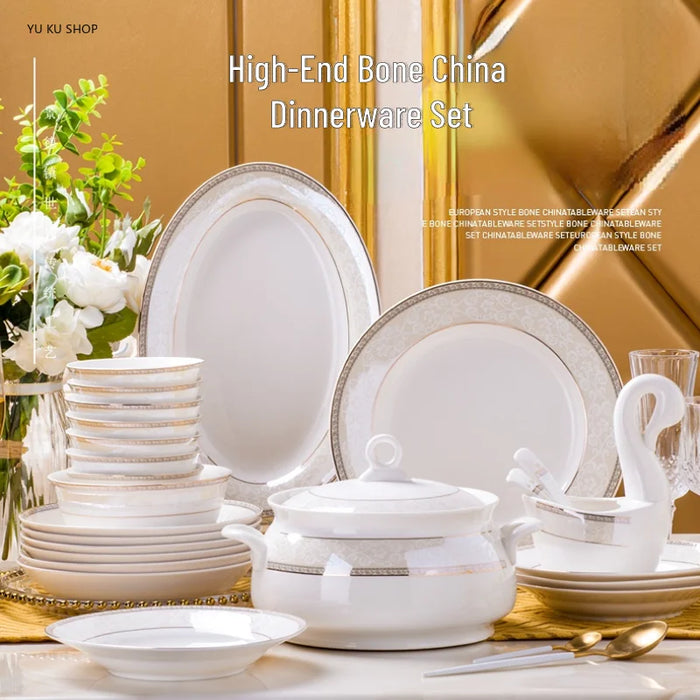 Bone China Tableware Set Full Table Service Tableware Simple Phnom Penh Plates Dinnerware Bowl Dish Dinner Set for 10 People