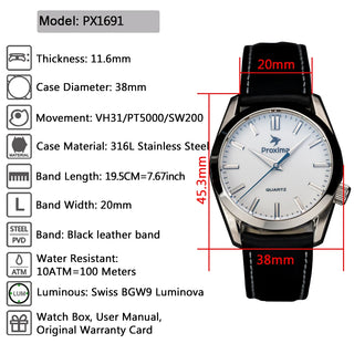 Proxima PX1691 2022 New 38MM Men Retro Mechanical Watch PT5000 Luxury Stainless Steel AR Sapphire Crystal Glass 100m Waterproof
