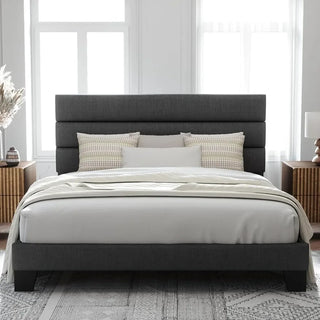 Bedroom furniture: king-size bed frame, platform bed, with fabric upholstered headboard and wood slatted support, dark grey